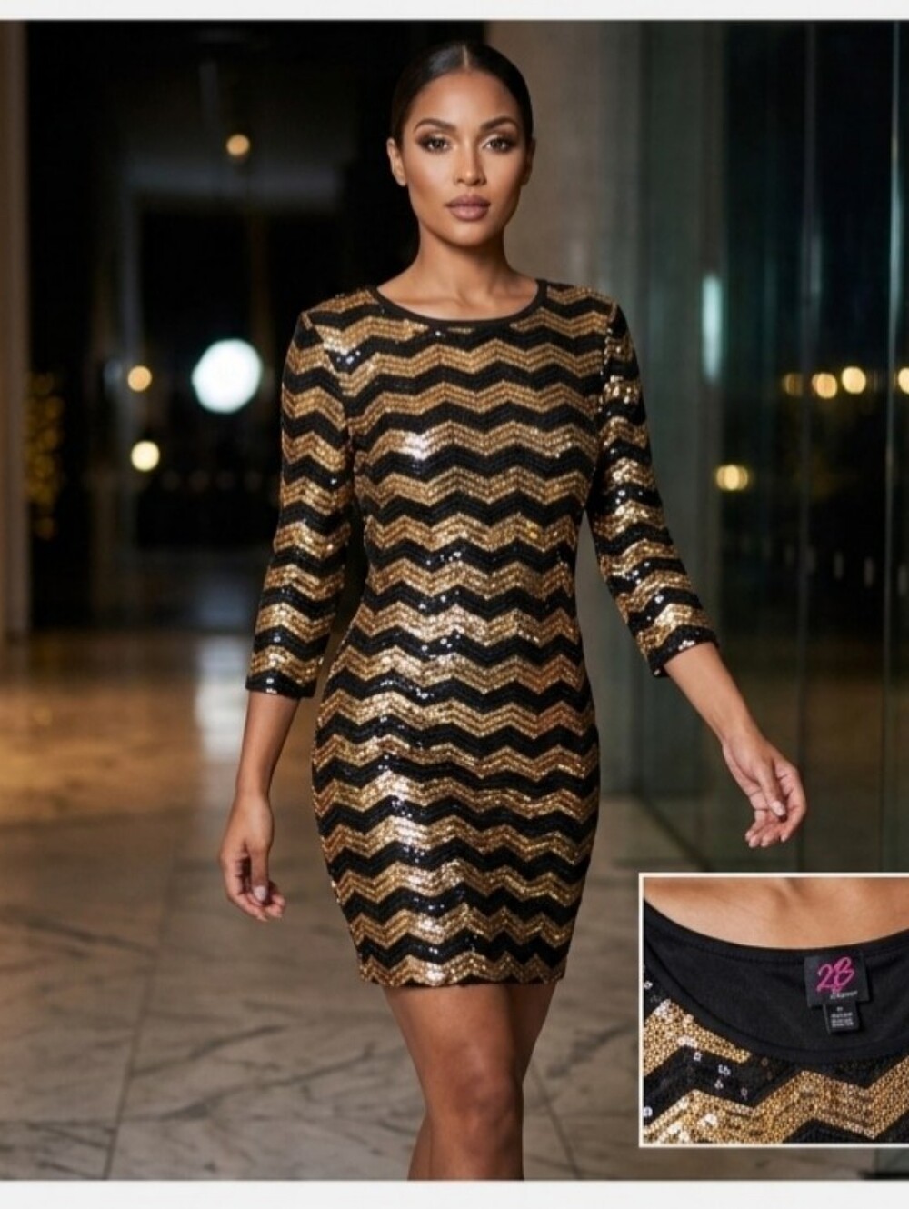 2B Bebe Sequin Chevron Dress in Black and Gold Size S